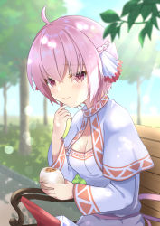 Rule 34 | 1girl, ahoge, baozi, bench, breasts, capelet, cyclamen (flower knight girl), dress, flower knight girl, food, highres, holding, holding food, leaf, looking at viewer, outdoors, pink eyes, pink hair, sakuragi sayu, short hair, sitting, sky, small breasts, solo, tree, white capelet, white dress