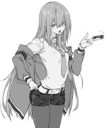 Rule 34 | 10mo, 1girl, belt, greyscale, hair between eyes, hand on own hip, highres, jacket, pantyhose under shorts, long hair, long sleeves, looking at viewer, makise kurisu, monochrome, necktie, open mouth, pantyhose, short shorts, shorts, simple background, solo, steins;gate, thigh gap, very long hair, white background