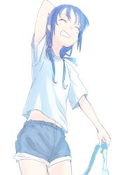 Rule 34 | 1girl, arm behind head, blue hair, commentary request, cowboy shot, closed eyes, grin, highres, hose, kantai collection, long hair, navel, pale skin, shirt, shorts, simple background, smile, solo, standing, stomach, stretching, suzukaze (kancolle), t-shirt, teeth, wachi (hati1186), water, white background