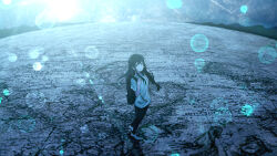Rule 34 | 1girl, absurdres, backpack, bag, black eyes, black hair, black pants, blush, closed mouth, commentary request, from side, globe, hair between eyes, hand up, highres, landscape, lens flare, long hair, looking at viewer, mountainous horizon, night, night sky, oka kojiro, original, pants, scenery, shirt, shoes, shooting star, short sleeves, sidelocks, sky, smile, sneakers, solo, standing on object, star (sky), starry sky, t-shirt, walking, white footwear, white shirt, wide shot