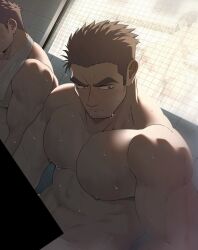 Rule 34 | 2boys, abs, averting eyes, bar censor, bara, bathroom, brown hair, censored, facial hair, goatee stubble, highres, large pectorals, light, male focus, mature male, multiple boys, muscular, muscular male, navel, navel hair, nipples, original, oro9, paid reward available, pectorals, shadow, short hair, shy, sideburns, sideburns stubble, solo focus, stubble, sunlight, thick eyebrows, upper body, v-shaped eyebrows, wet