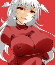 Rule 34 | 1girl, breasts, covered erect nipples, crossed arms, female focus, final fantasy, final fantasy tactics, grey hair, hal (haruna), head wings, large breasts, long hair, naughty face, red eyes, simple background, smile, solo, ultima (fft), wings
