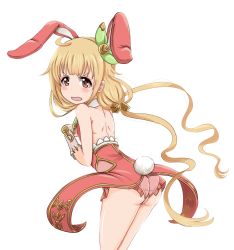 Rule 34 | 1girl, animal ears, ass, backless outfit, blonde hair, blush, bow, bridal gauntlets, cowboy shot, daiichi (1279220), fake animal ears, floating hair, futaba anzu, green bow, hair bow, highres, idolmaster, idolmaster cinderella girls, leaning forward, leotard, long hair, open mouth, orange eyes, pink leotard, playboy bunny, rabbit ears, rabbit girl, rabbit tail, simple background, solo, standing, tail, twintails, very long hair, white background