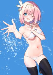 Rule 34 | 1girl, amrita (amber78gou), bare shoulders, bikini, black thighhighs, blue background, blue eyes, blush, breasts, cleavage, collarbone, hair between eyes, hairband, halterneck, highres, large breasts, looking at viewer, navel, one eye closed, open mouth, pink hair, princess connect!, short hair, smile, solo, swimsuit, thighhighs, white bikini, yui (princess connect!)