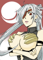 Rule 34 | 00s, 1girl, ahoge, ar tonelico, ar tonelico i, ayano raizer elduke, bad id, bad pixiv id, bare shoulders, breasts, cleavage, crossed arms, eyepatch, fingerless gloves, glaring, gloves, gust, large breasts, long hair, looking at viewer, okada hitoshi, red eyes, solo, turtleneck, twintails, underboob, white hair