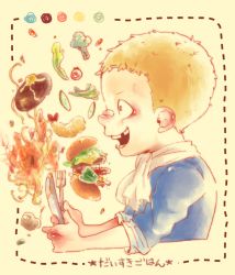Rule 34 | 1boy, blonde hair, eating, food, fork, burger, male focus, one piece, profile, sabo (one piece), shrimp, smile, solo, spagetti, tempura, vegetable, aged down
