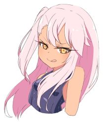 Rule 34 | 1girl, bare shoulders, blue one-piece swimsuit, blush, breasts, chawan (yultutari), chloe von einzbern, cropped torso, dark-skinned female, dark skin, eyelashes, fate/kaleid liner prisma illya, fate (series), hair between eyes, highres, licking lips, long hair, looking at viewer, one-piece swimsuit, one side up, orange eyes, pink hair, side ponytail, simple background, small breasts, smile, solo, swimsuit, tongue, tongue out, white background