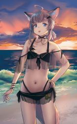 Rule 34 | 1girl, :p, absurdres, animal ears, arknights, beach, bikini, black bikini, black choker, blue eyes, brown hair, choker, cowboy shot, evening, flat chest, fox ears, fox girl, fox tail, hair ornament, hairclip, hand on own hip, highres, jewelry, material growth, navel, necklace, official alternate costume, oripathy lesion (arknights), sand, short hair, sidelocks, solo, stomach, sunset, sussurro (arknights), sussurro (summer flower) (arknights), swimsuit, tail, tongue, tongue out, water, welt (kinsei koutenkyoku), x hair ornament