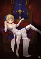 Rule 34 | 1girl, ahoge, artoria pendragon (all), artoria pendragon (fate), blonde hair, bow, breasts, caliburn (fate), cleavage, dress, elbow gloves, fate/stay night, fate (series), gloves, green eyes, hair bow, highres, lying, official alternate costume, one eye closed, ponytail, riftgarret, saber (fate), sitting, solo, sword, thighhighs, throne, weapon, white dress, white gloves, white thighhighs