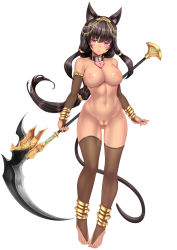 Rule 34 | 1girl, animal ears, anklet, armlet, black hair, blush, bracelet, breasts, brown thighhighs, cat ears, cat tail, collar, dark-skinned female, dark skin, egyptian, female pubic hair, full body, gloves, heart-shaped lock, jewelry, large breasts, long hair, looking at viewer, lots of jewelry, md5 mismatch, navel, nipples, nude, oni-noboru, original, pubic hair, purple eyes, pussy, revision, scythe, simple background, solo, tail, thighhighs, toeless legwear, toes, uncensored, white background