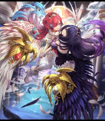 Rule 34 | 2girls, angel wings, bad id, bad pixiv id, blue hair, closed mouth, cloud, detached sleeves, diamond-shaped pupils, diamond (shape), dress, feathers, floating, floating hair, frilled dress, frills, gold trim, gradient hair, hair over one eye, high heels, highres, holding hands, letterboxed, light particles, looking at viewer, multicolored hair, multiple girls, neon (pixiv 31150749), original, parted lips, puffy short sleeves, puffy sleeves, purple dress, purple hair, purple wings, red dress, red hair, short sleeves, siblings, sidelocks, sky, sparkle, star (sky), starry sky, swept bangs, symbol-shaped pupils, thighhighs, tiara, twins, white footwear, white legwear, white wings, wings