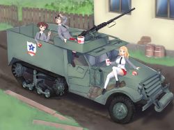 Rule 34 | 3girls, adjusting eyewear, alisa (girls und panzer), arm up, black footwear, blazer, blonde hair, blouse, blue eyes, blue footwear, brown eyes, brown hair, browning m2, building, closed mouth, collared shirt, commentary, cup, day, dirt road, disposable cup, dress shirt, emblem, english text, eyewear on head, fence, food, french fries, girls und panzer, grass, grey jacket, grey legwear, gun, hair intakes, hair ornament, half-track, heavy machine gun, highres, holding, holding cup, holding food, jacket, kay (girls und panzer), kfc, knee up, kneehighs, loafers, long hair, long sleeves, looking at another, looking back, m3 half-track, machine gun, mcdonald&#039;s, military, military truck, military vehicle, miniskirt, motor vehicle, multiple girls, naomi (girls und panzer), necktie, on vehicle, open clothes, open jacket, open mouth, outdoors, pleated skirt, red skirt, road, saunders (emblem), saunders school uniform, school uniform, shirt, shoes, short hair, short twintails, sitting, skirt, sleeves rolled up, smile, socks, star (symbol), star hair ornament, sunglasses, thighhighs, truck, twintails, very short hair, warmcummies, weapon, white legwear, white shirt, wing collar, wooden fence