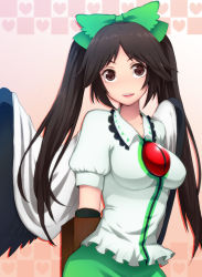 Rule 34 | 1girl, alternate hairstyle, arm cannon, bad id, bad pixiv id, black eyes, black hair, bow, breasts, brown eyes, cape, female focus, hair bow, hattori masaki, heart, highres, impossible clothes, impossible shirt, large breasts, long hair, no nose, reiuji utsuho, shirt, sidelocks, solo, touhou, twintails, weapon, wings