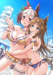 Rule 34 | 2girls, :o, animal ears, bad id, bad pixiv id, bare arms, bare shoulders, bikini, biting, blue bikini, blue eyes, blue ribbon, blue sky, bracelet, breasts, bridal garter, cleavage, cloud, collarbone, commentary request, cowboy shot, cstv, day, dutch angle, ear ornament, flower, frilled bikini, frills, gluteal fold, grass wonder (umamusume), hair flower, hair ornament, hand under clothes, hibiscus, highres, horse ears, horse girl, horse tail, jewelry, lens flare, looking at another, looking at viewer, medium breasts, multiple girls, navel, necklace, ocean, open mouth, outdoors, plaid, plaid bikini, pulling another&#039;s clothes, purple eyes, red flower, ribbon, ring, side-tie bikini bottom, sky, smile, sparkle, special week (hopping vitamin heart) (umamusume), special week (umamusume), strap pull, swimsuit, tail, umamusume, white flower, yellow bikini, yuri