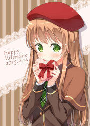 Rule 34 | 1girl, beret, blush, box, brown hair, candy, chocolate, chocolate heart, covering own mouth, dated, food, gift, gift box, green eyes, happy valentine, hat, heart, heart-shaped box, holding, hyuuga azuri, long hair, looking at viewer, original, school uniform, solo