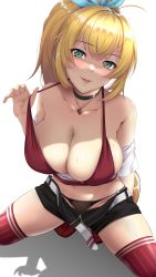 Rule 34 | 1girl, absurdres, antenna hair, bare shoulders, belt, bikini, black panties, blonde hair, bow, breasts, choker, cleavage, green eyes, hair between eyes, hair bow, hair ornament, hairclip, half-closed eyes, highres, jewelry, large breasts, long hair, midriff, navel, necklace, panties, red thighhighs, short shorts, shorts, simple background, skindentation, solo, sweat, swimsuit, thighhighs, thighs, tsurumaki maki, underwear, very long hair, voiceroid, white background, x36marubox
