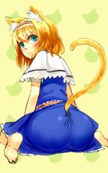 Rule 34 | 1girl, alice margatroid, animal ears, ass, bad id, bad twitter id, barefoot, blonde hair, blue eyes, blush, capelet, cat ears, cat tail, dress, hairband, highres, inactive account, kemonomimi mode, nishiuri, short hair, sitting, solo, tail, touhou, wariza