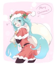 Rule 34 | 1girl, ;d, bell, black pantyhose, blue eyes, blue hair, capelet, christmas, dress, fang, from behind, fur-trimmed capelet, fur-trimmed headwear, fur trim, hair between eyes, hat, hatsune miku, hip focus, holding, holding sack, holly, long hair, looking back, merry christmas, nejikyuu, one eye closed, open mouth, pantyhose, pink background, pom pom (cheerleading), red dress, red hat, sack, santa costume, santa hat, smile, solo, star (symbol), twintails, very long hair, vocaloid