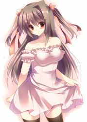 Rule 34 | 1girl, amane ruri, black thighhighs, blush, breasts, brown hair, casual, contrapposto, dress, frilled dress, frills, hair ribbon, large breasts, long hair, long sleeves, looking at viewer, off-shoulder dress, off shoulder, original, pink dress, pink eyes, red ribbon, ribbon, simple background, solo, standing, strapless, strapless dress, thighhighs, type (artist), white background, zettai ryouiki