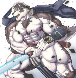 Rule 34 | 1boy, abs, bara, biceps, black fur, coat, collared coat, dog boy, dust, furry, furry male, gauntlets, headband, highres, horkeu kamui, large pectorals, looking to the side, male focus, manly, mature male, miazuma shouki, multicolored fur, muscular, muscular male, nipples, open mouth, pectorals, scabbard, sharp teeth, sheath, simple background, solo, sword, teeth, thick arms, thick thighs, thighs, tokyo houkago summoners, tongue, weapon, white fur, yellow eyes