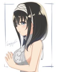 Rule 34 | 10s, 1girl, aran sweater, artist name, backless dress, backless outfit, bad id, bad twitter id, bare back, bent over, black hair, blue eyes, blush, breasts, cable knit, commentary request, dress, engiyoshi, from side, hair between eyes, hairband, halterneck, headgear, idolmaster, idolmaster cinderella girls, large breasts, long hair, meme attire, ribbed sweater, sagisawa fumika, sideboob, solo, sweater, sweater dress, turtleneck, turtleneck sweater, upper body, virgin killer sweater