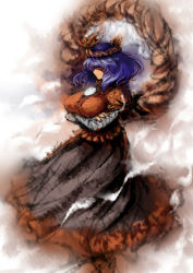 Rule 34 | 1girl, 2b-ge, black skirt, breasts, cowboy shot, crossed arms, fog, hair ornament, highres, large breasts, layered sleeves, leaf hair ornament, long skirt, long sleeves, looking to the side, mature female, mirror, one-hour drawing challenge, puffy short sleeves, puffy sleeves, purple hair, red eyes, red shirt, rope, shimenawa, shirt, short over long sleeves, short sleeves, skirt, solo, touhou, white background, yasaka kanako