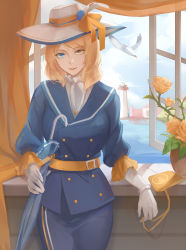 Rule 34 | 1girl, alternate costume, bad id, bad pixiv id, belt, bird, blonde hair, blue eyes, blue shirt, blue skirt, breasts, commentary request, gloves, hat, heterochromia, highres, indoors, large breasts, long hair, long skirt, renown (warship girls r), revision, rifu (643763873), seagull, shirt, skirt, solo, warship girls r, white gloves, white hat, yellow belt, yellow eyes