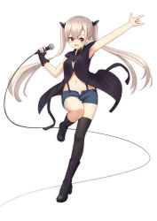 Rule 34 | 1girl, asymmetrical legwear, black footwear, black gloves, black thighhighs, blush, boots, denim, denim shorts, elf, fingerless gloves, full body, gloves, heijialan, holding, holding microphone, knee boots, knee up, long hair, looking at viewer, m/, microphone, mismatched legwear, open clothes, open mouth, open shorts, original, outstretched arm, pointy ears, purple eyes, shorts, silver hair, simple background, single fingerless glove, single glove, single thighhigh, smile, solo, standing, standing on one leg, suspender shorts, suspenders, thighhighs, twintails, white background