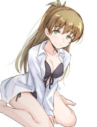 Rule 34 | 1girl, barefoot, bikini, black bikini, blush, breasts, brown hair, cleavage, closed mouth, collarbone, dot nose, front-tie bikini top, front-tie top, green eyes, idolmaster, idolmaster cinderella girls, idolmaster cinderella girls starlight stage, large breasts, leaning forward, long hair, long sleeves, looking at viewer, makihara shiho, open clothes, open shirt, ponytail, shirt, side-tie bikini bottom, simple background, sitting, smile, solo, swimsuit, unu (unucence), v arms, wariza, white background, white shirt