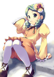 Rule 34 | 00s, 1girl, arm support, blush, drill hair, eyelashes, flower, green eyes, green hair, hair ornament, heart, kanaria, knees together feet apart, long sleeves, looking at viewer, matching hair/eyes, mifumi takafumi, mouth hold, neck ribbon, pantyhose, ribbon, rose, rozen maiden, shoes, sitting, solo, white pantyhose