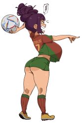 Rule 34 | !, !!, 1girl, 2022 fifa world cup, absurdres, al rihla, ass, ball, breasts, command grab, command grab (nuclear wasabi), cristiano ronaldo, full body, highres, holding, holding ball, large breasts, nuclear wasabi, open mouth, original, pointing, portugal, purple hair, shirt, shorts, shouting, simple background, soccer, soccer ball, soccer uniform, socks, solo, spoken exclamation mark, sportswear, standing, sweat, white background, world cup