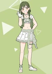 Rule 34 | 1girl, alternate costume, braid, commentary request, crop top, full body, green background, green hair, green jacket, grin, hair ornament, hairclip, hand on own hip, hand up, highres, hood, hooded jacket, jacket, link! like! love live!, llkapital, long hair, looking at viewer, love live!, low twin braids, midriff, miniskirt, navel, oogami sachi, open clothes, open jacket, pleated skirt, rebirth for you, sandals, skirt, sleeveless, sleeveless jacket, smile, solo, swept bangs, triangle, twin braids, white footwear, white skirt, yellow eyes