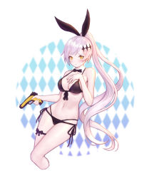 Rule 34 | 1girl, argyle, argyle background, argyle clothes, bare arms, bare shoulders, bikini, black bikini, black ribbon, bow, bowtie, breasts, cleavage, collarbone, cropped legs, detached collar, finger on trigger, five-seven (cruise queen) (girls&#039; frontline), five-seven (girls&#039; frontline), fn five-seven, front-tie bikini top, front-tie top, girls&#039; frontline, gun, hair ornament, hair ribbon, halterneck, hand on own chest, handgun, highres, holding, holding gun, holding weapon, large breasts, leg ribbon, long hair, looking at viewer, multi-strapped bikini, navel, official alternate costume, pdw-caliber pistol, ponytail, ribbon, side-tie bikini bottom, silver hair, siun, solo, stomach, string bikini, swimsuit, thighs, very long hair, weapon, yellow eyes