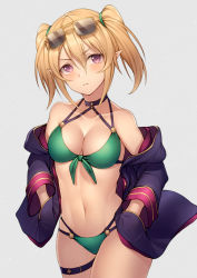Rule 34 | 1girl, bare shoulders, bikini, black jacket, blonde hair, blush, breasts, chloe (princess connect!), choker, cleavage, closed mouth, coat, collarbone, cowboy shot, elf, eyewear on head, front-tie bikini top, front-tie top, frown, green bikini, grey background, hair between eyes, halterneck, hands in pockets, hood, hooded coat, jacket, kyoeiki, long hair, long sleeves, looking at viewer, medium breasts, multi-strapped bikini, navel, off shoulder, open clothes, open coat, open jacket, orange hair, pink eyes, pointy ears, princess connect!, purple eyes, sidelocks, simple background, solo, standing, stomach, sunglasses, swimsuit, thigh strap, thighs, twintails, v-shaped eyebrows
