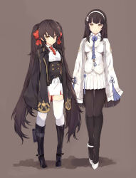 Rule 34 | 2girls, between breasts, black footwear, black hair, black legwear, black skirt, blush, boots, bow, breasts, brown eyes, brown hair, closed mouth, coat, corset, detached collar, dress, flower, full body, girls&#039; frontline, grey background, hair between eyes, hair bow, hair flower, hair ornament, hairband, highres, jacket, jacket on shoulders, knee boots, large breasts, long hair, looking at viewer, multiple girls, neck ribbon, necktie, open clothes, open coat, pantyhose, pkpkpppk, pleated skirt, red bow, red neckwear, ribbon, shoes, short necktie, simple background, skirt, small breasts, smile, standing, strapless, thighhighs, tube top, twintails, type 95 (girls&#039; frontline), type 97 (girls&#039; frontline), underbust, very long hair, white dress, white footwear, white legwear, white skirt, yellow eyes, zettai ryouiki