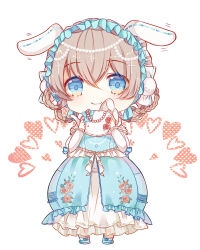 1girl animal_ears beads blue_bow blue_dress blue_eyes blue_footwear blue_hairband bow bow_legwear braid braided_hair_rings brown_hair camellia_print chibi circlet closed_mouth cross_hair_ornament dress fake_animal_ears floppy_ears floral_print frilled_dress frilled_hairband frilled_sleeves frills gown hair_beads hair_between_eyes hair_bow hair_ornament hair_rings hairband happy heart holding holding_teapot layered_dress layered_sleeves light_blush light_particles lolita_fashion long_dress long_sleeves miracle_nikki motion_lines multiple_hair_bows nikki_(series) pom_pom_(clothes) pom_pom_hair_ornament rabbit_and_camellias_(miracle_nikki) rabbit_ears shoes short_hair short_over_long_sleeves short_sleeves simple_background smile socks solo standing teapot waist_bow white_background white_bow white_dress white_socks youzi_xia