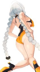 Rule 34 | 1girl, ahoge, ass, back, bare legs, bare shoulders, black footwear, black one-piece swimsuit, braid, breasts, casual one-piece swimsuit, commentary request, facing away, from behind, from below, hands on own hips, high heels, highres, kizuna akari, kneeling, kneepits, long hair, nekoshoko, one-piece swimsuit, sideboob, silver hair, skindentation, solo, strap gap, striped clothes, striped one-piece swimsuit, swimsuit, trefoil, twin braids, very long hair, voiceroid