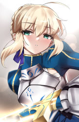 Rule 34 | 1girl, absurdres, ahoge, armor, armored dress, artoria pendragon (all), artoria pendragon (fate), blonde hair, blue dress, blue ribbon, braid, breastplate, breasts, dress, excalibur (fate/stay night), fate/stay night, fate (series), french braid, gauntlets, green eyes, hair bun, hair ribbon, highres, juliet sleeves, kyle (kysizzle), long hair, long sleeves, looking at viewer, medium breasts, parted lips, puffy sleeves, ribbon, saber (fate), sidelocks, single hair bun, solo, sword, weapon