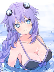 Rule 34 | 1girl, aisu (icicleshot), alternate costume, bare shoulders, black bra, blue eyes, blush, bow, bow bra, bra, braid, breasts, cleavage, clothes pull, d-pad, d-pad hair ornament, hair between eyes, hair ornament, headgear, hoodie pull, medium breasts, neptune (series), off shoulder, partially submerged, power symbol, power symbol-shaped pupils, purple hair, purple heart (neptunia), smile, solo, symbol-shaped pupils, twin braids, twintails, underwear, upper body, wet, wet clothes, wet hair
