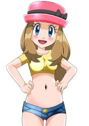 Rule 34 | 1girl, blonde hair, blue eyes, blush, breasts, creatures (company), denim, game freak, hainchu, hands on own hips, hat, highres, jeans, long hair, looking at viewer, micro shorts, navel, nintendo, open mouth, pants, pokemon, pokemon (anime), pokemon xy (anime), serena (pokemon), shorts, simple background, smile, solo, white background