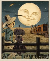 Rule 34 | 1boy, 1girl, black hair, corn field, dress, from behind, gloves, hackto, hat, house, jack-o&#039;-lantern, looking at another, monster, moon, night, night sky, original, outdoors, plant, ringlets, scarecrow, sitting, sky, smile, star (sky), suspenders, tractor