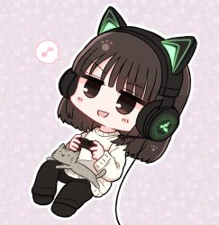 Rule 34 | 1girl, :d, animal, animal ear headphones, animal ears, animal on lap, animification, black headphones, black pants, blush, brown eyes, brown hair, cat ear headphones, chibi, chibi only, commentary request, controller, dotted background, eighth note, fake animal ears, game controller, grey cat, headphones, headset, holding, holding controller, holding game controller, invisible chair, jitome, medium hair, musical note, on lap, open mouth, outline, pants, paw print, playing games, razer, real life, sitting, smile, solo, spoken musical note, sweater, tsukine kona, v-shaped eyebrows, watagemodoki, white outline, white sweater