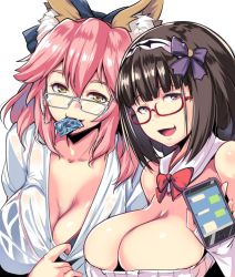 Rule 34 | 2girls, :d, animal ears, bare shoulders, bespectacled, black hair, blunt bangs, bow, bowtie, breasts, cellphone, cleavage, collarbone, condom, condom in mouth, condom wrapper, fate (series), fox ears, glasses, hair between eyes, hair bow, large breasts, line (naver), long hair, looking at viewer, mouth hold, multiple girls, muneshiro (hitsuji kikaku), open mouth, osakabehime (fate), phone, pink eyes, pink hair, ribbed sweater, shirt, smartphone, smile, sweater, tamamo (fate), tamamo no mae (fate/extra), upper body, white shirt, yellow eyes