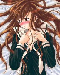 Rule 34 | 00s, 1girl, blush, breasts, brown eyes, brown hair, cleavage, long hair, lying, maria-sama ga miteru, neckerchief, on back, on bed, shy, small breasts, solo, sweat, toudou shimako, undone neckerchief