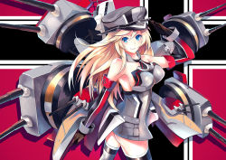 Rule 34 | 10s, 1girl, bismarck (kancolle), black gloves, blonde hair, blue eyes, breasts, cowboy shot, detached sleeves, from behind, gloves, grey thighhighs, hat, high heels, highres, kantai collection, large breasts, long hair, looking at viewer, machinery, nr noir, peaked cap, salute, smile, solo, thighhighs