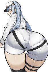 Rule 34 | 1girl, absurdres, ass, ass focus, blush, breasts, cameltoe, clenched teeth, embarrassed, from behind, goddess of victory: nikke, goma., grey hair, hat, highres, huge ass, large breasts, leaning, leaning forward, long hair, looking at viewer, looking back, looking down, military, military uniform, pantylines, privaty (nikke), short shorts, shorts, sideboob, solo, teeth, thigh strap, twintails, uniform, very long hair, yellow eyes
