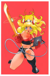 Rule 34 | 1girl, blonde hair, blue eyes, boots, floating hair, full body, gloves, headdress, holding, holding sword, holding weapon, long hair, looking at viewer, midriff, navel, red background, red gloves, short shorts, shorts, simple background, solo, squatting, sword, weapon, yoshizaki mine