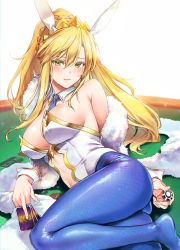 Rule 34 | 1girl, animal ears, artoria pendragon (all), artoria pendragon (fate), artoria pendragon (lancer) (fate), artoria pendragon (swimsuit ruler) (fate), bare shoulders, blonde hair, blue pantyhose, breasts, card, casino card table, cleavage, detached collar, fake animal ears, fate/grand order, fate (series), feather boa, fishnets, green eyes, hair between eyes, highres, holding, holding card, large breasts, leotard, long hair, looking at viewer, lying, necktie, on side, pantyhose, playboy bunny, playing card, poker chip, ponytail, rabbit ears, sidelocks, solo, sweat, table, umakuchi shouyu, white leotard, wrist cuffs
