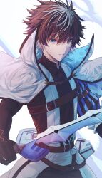 Rule 34 | 1boy, absurdres, black hair, blue eyes, cape, charlemagne (fate), fate/grand order, fate (series), gloves, hair between eyes, highres, holding, holding sword, holding weapon, joyeuse ordre (fate), looking at viewer, male focus, multicolored hair, short hair, simple background, smile, solo, sword, two-tone hair, upper body, weapon, white background, white cape, white hair, yagi (yagi5art)