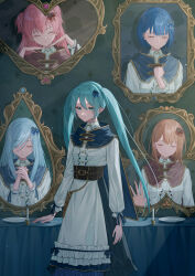 Rule 34 | 5girls, absurdres, aqua hair, blue hair, blue ribbon, bow, breasts, brown hair, candle, capelet, clenched hand, closed eyes, closed mouth, collared dress, commentary, corset, dress, english commentary, hair bow, hanasato minori, hands up, hatsune miku, highres, hinomori shizuku, isana615, kiritani haruka, long hair, long sleeves, looking at viewer, medium breasts, momoi airi, multiple girls, own hands together, painting (object), parted lips, pink hair, plate, project sekai, ribbon, short hair, small breasts, smile, solo focus, standing, table, twintails, two side up, vocaloid, white dress